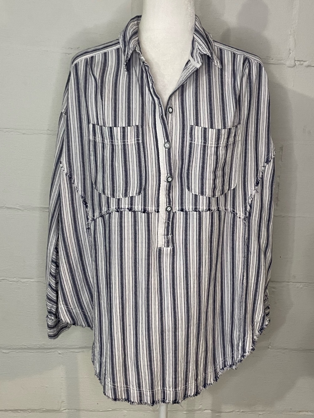 We The Free Striped Button-Front Tunic Blouse in White and Navy